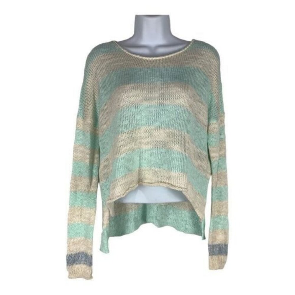 Abercrombie Kids Striped Knit Sweater M(12) Beige & Mint Green High-Low Hem